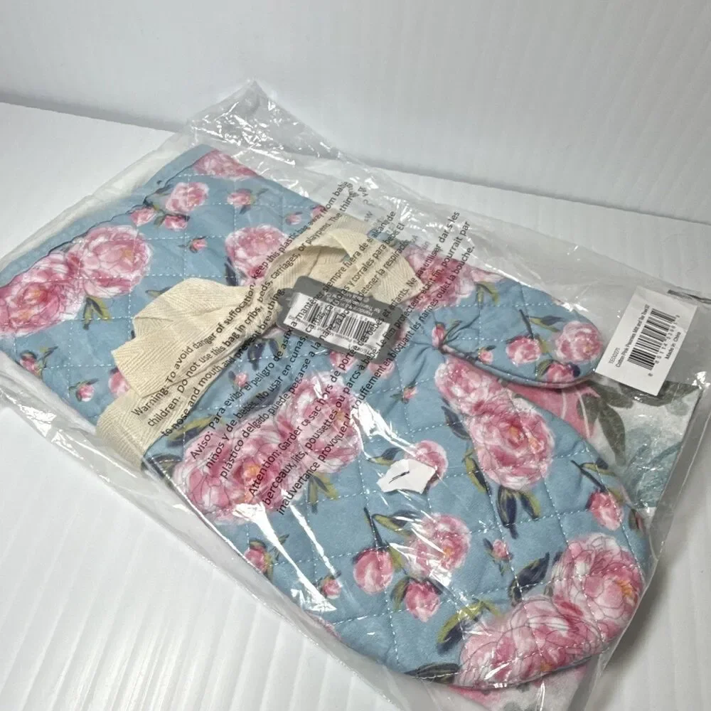 Transpac Home & Gift Cotton Pink Peonies Oven Mitt & Tea Towel Set 2 TE00271